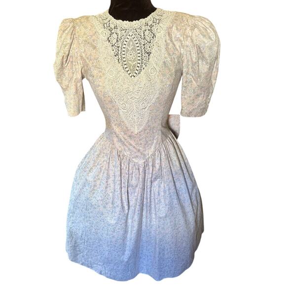 Vintage 80’s Jessica McClintock Designer Grey White Bow Floral Romantic Dress XS - Picture 8 of 8
